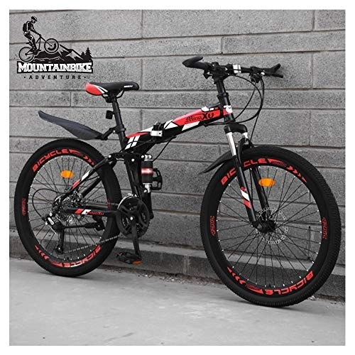 Folding Mountain Bike : NENGGE Dual Suspension Mountain Trail Bike 24 Inch for Adult Men and Women, Foldable Mountain Bicycle with Disc Brakes, High Carbon Steel Frame & Adjustable Seat, Red Spoke, 24 Speed