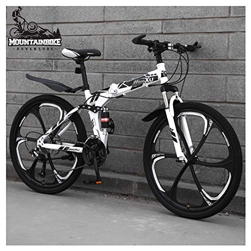 Folding Mountain Bike : NENGGE Dual Suspension Mountain Trail Bike 24 Inch for Adult Men and Women, Foldable Mountain Bicycle with Disc Brakes, High Carbon Steel Frame & Adjustable Seat, White 6 Spoke, 21 Speed