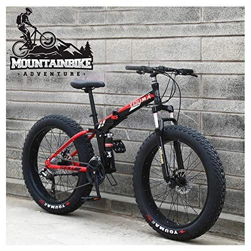 Folding Mountain Bike : NENGGE Dual-Suspension Mountain Trail Bike for Adults Men Women, Fat Tire Anti-Slip Mountain Bicycle with Dual Disc Brake, Foldable High Carbon Steel Frame & Adjustable Seat, Black, 24 Inch 7 Speed