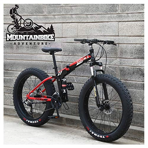 Folding Mountain Bike : NENGGE Dual-Suspension Mountain Trail Bike for Adults Men Women, Fat Tire Anti-Slip Mountain Bicycle with Dual Disc Brake, Foldable High Carbon Steel Frame & Adjustable Seat, Black, 26 Inch 21 Speed