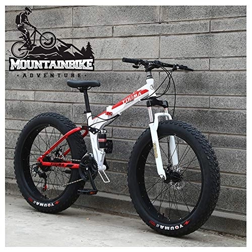 Folding Mountain Bike : NENGGE Dual-Suspension Mountain Trail Bike for Adults Men Women, Fat Tire Anti-Slip Mountain Bicycle with Dual Disc Brake, Foldable High Carbon Steel Frame & Adjustable Seat, Red, 26 Inch 27 Speed