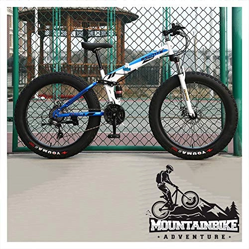 Folding Mountain Bike : NENGGE Folding Mountain Bikes with Dual-Suspension & Mechanical Disc Brakes for Adults Men Women, Fat Tire Anti-Slip Mountain Bicycle, High Carbon Steel, Adjustable Seat, Blue 2, 24 Inch 24 Speed