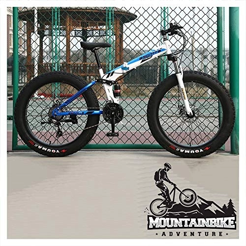 Folding Mountain Bike : NENGGE Folding Mountain Bikes with Dual-Suspension & Mechanical Disc Brakes for Adults Men Women, Fat Tire Anti-Slip Mountain Bicycle, High Carbon Steel, Adjustable Seat, Blue 2, 26 Inch 24 Speed