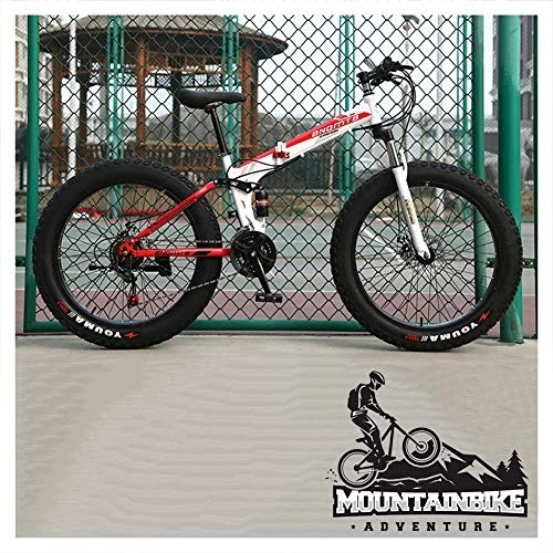 Folding Mountain Bike : NENGGE Folding Mountain Bikes with Dual-Suspension & Mechanical Disc Brakes for Adults Men Women, Fat Tire Anti-Slip Mountain Bicycle, High Carbon Steel, Adjustable Seat, Red, 24 Inch 21 Speed