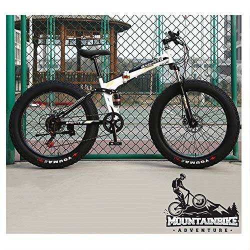 Folding Mountain Bike : NENGGE Folding Mountain Bikes with Dual-Suspension & Mechanical Disc Brakes for Adults Men Women, Fat Tire Anti-Slip Mountain Bicycle, High Carbon Steel, Adjustable Seat, White, 26 Inch 24 Speed
