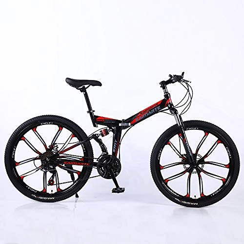 Folding Mountain Bike : Nerioya Adult Mountain Bike, Folding Bike High Carbon Steel Frame, Full Suspension Mountain Bike, Double Disc Brakes, 150KG Load Capacity, B, 24 inch 27 speed