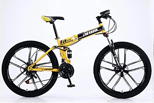 Folding Mountain Bike : Newut 26 Inch High-carbon Steel Hardtail Mountain Bike, Double Shock Absorbing Integrated 10 knife Wheel Folding Mountain Bikes, Black yellow, 21 speed