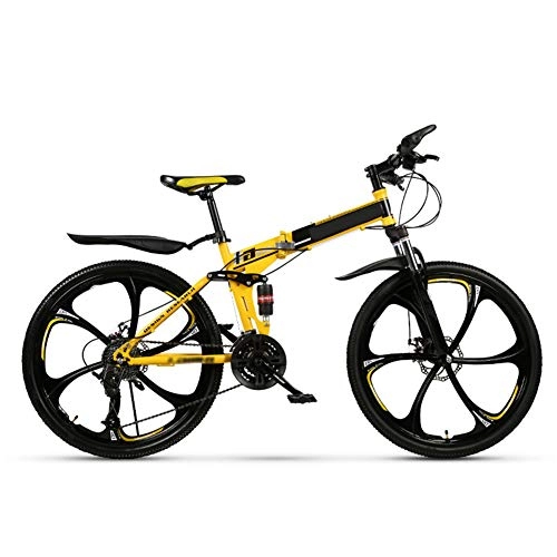 Folding Mountain Bike : Non-Slip Wear-Resistant Portable Bicycle 24 / 26 Inch Double Shock Absorption Folding Mountain Bike Adult Variable Speed Off-Road Racing, Yellow, 30 speed (24 inches)