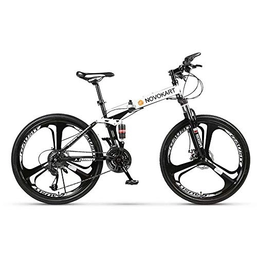 Folding Mountain Bike : NOVOKART-Foldable MountainBike 24 Inches, MTB Bicycle with 3 Cutter Wheel, White, 21-stage shift