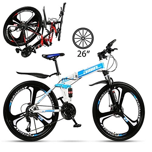 Folding Mountain Bike : NYANGLI 26 Inch Full Suspension Mountain Bike for Adults, 21 / 24 / 27 Speed Non-Slip Folding Bicycle, Double Disc Brake Bicycles, Magnesium Wheel, Blue, 21speed
