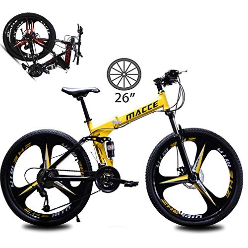 Folding Mountain Bike : NYANGLI Mountain Bike Carbon Steel Foldable Bicycle Fork Suspension 3 Spoke Wheels Double Disc Brakes Bicycle Racing Bicycle Outdoor Cycling (26'', 21 / 24 / 27 Speed), Yellow, 27speed