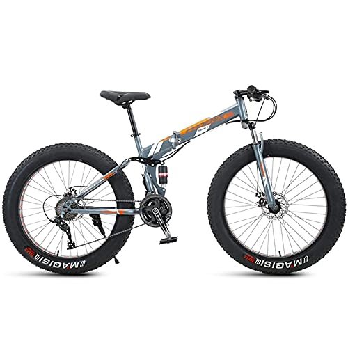 Folding Mountain Bike : NZKW 26 Inch Mountain Bike Fat Tire, Domineering Mens Women Foldable Beach Snow Mountain Bicycle, 4-Inch Wide Knobby Tires Outdoor Cycling Road Bike, Dual-Suspension, Orange Spoke, 7 Speed