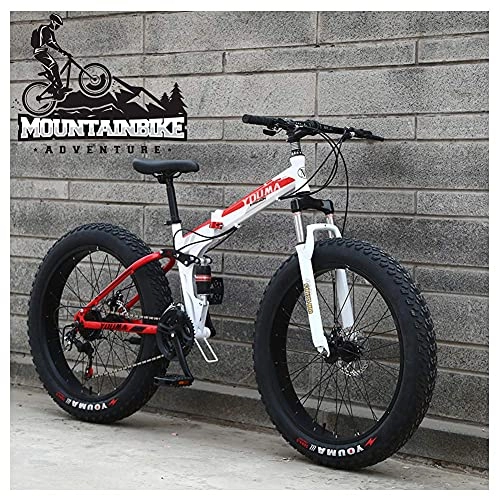 Folding Mountain Bike : NZKW Dual-Suspension Mountain Trail Bike for Adults Men Women, Fat Tire Anti-Slip Mountain Bicycle with Dual Disc Brake, Foldable High Carbon Steel Frame & Adjustable Seat, Red, 24 Inch 24 Speed