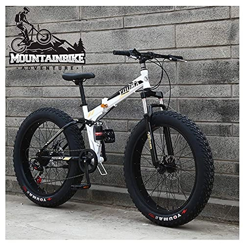 Folding Mountain Bike : NZKW Dual-Suspension Mountain Trail Bike for Adults Men Women, Fat Tire Anti-Slip Mountain Bicycle with Dual Disc Brake, Foldable High Carbon Steel Frame & Adjustable Seat, White, 26 Inch 27 Speed