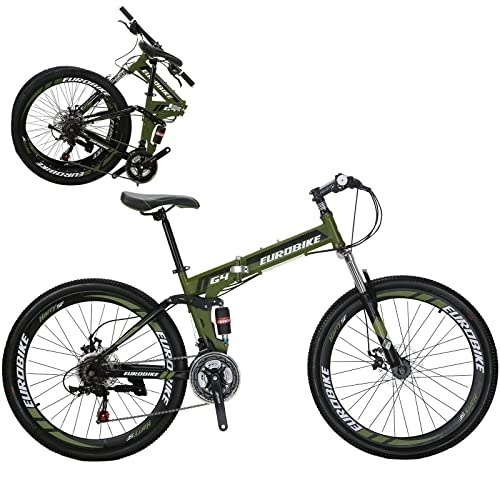 Folding Mountain Bike : OBK 26-inch Folding Mountain Bike 21 Speed Full Suspension Folding Bicycle Dual Disc Brakes Unisex For Adults (Wheel 1 Green)