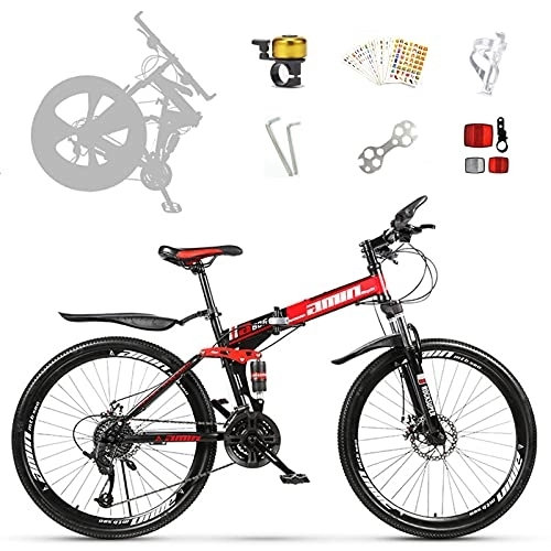 Folding Mountain Bike : Outdoor Mountain Bike Bicycle 24 / 26 Inch Adult with 21 Speed Dual Disc Brakes Full Suspension Non-Slip Men Women Outdoor Folding Cycling-Red|| 26