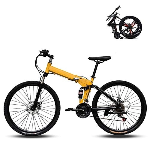Folding Mountain Bike : Ouumeis 24 Inch Folding Mountain Bikes Men Women General Purpose Variable Speed Double Shock Absorption All Terrain Adult Foldable Bicycle High Carbon Steel Frame, Yellow, 24 Speed