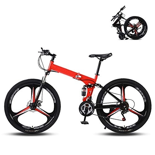 Folding Mountain Bike : Ouumeis 24 Inch Folding Mountain Bikes Men Women General Purpose Variable Speed Double Shock Absorption All Terrain Adult Foldable Bicycle Three Cutter Wheels High Carbon Steel Frame, Red, 24 Speed