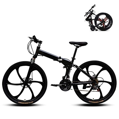 Folding Mountain Bike : Ouumeis 26 Inch Folding Mountain Bikes Men Women General Purpose Variable Speed Double Shock Absorption All Terrain Adult Foldable Bicycle Six Cutter Wheels High Carbon Steel Frame, Black, 27 Speed