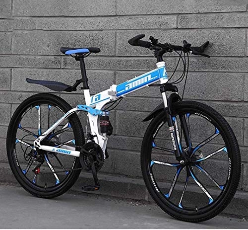 Folding Mountain Bike : Painting Mountain Bike Folding Bikes, 26In 21-Speed Double Disc Brake Full Suspension Anti-Slip, Lightweight Frame, Suspension Fork BXM bike (Color : Blue)