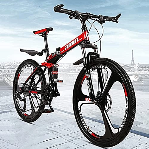 Folding Mountain Bike : PBTRM High-Carbon Steel Frame Mountain Bikes, 24" / 26" Foldable Hardtail Bicycles, 21 / 24 / 27 Speed Bicycle, Dual Disc Brake And Double Suspension for Women Men Adults, 24", 21speed