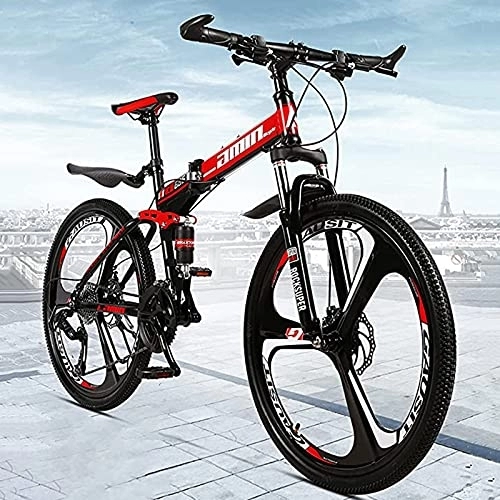 Folding Mountain Bike : PBTRM High-Carbon Steel Frame Mountain Bikes, 24" / 26" Foldable Hardtail Bicycles, 21 / 24 / 27 Speed Bicycle, Dual Disc Brake And Double Suspension for Women Men Adults, 26", 21speed