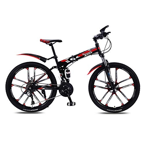 Folding Mountain Bike : peipei Folding Mountain Bike Bicycle Off Road Integrated Wheel for Men and Women Adult Variable Speed Double Damping Bicycle-Black red_21 Speed_China