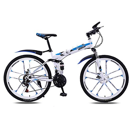 Folding Mountain Bike : peipei Folding Mountain Bike Bicycle Off Road Integrated Wheel for Men and Women Adult Variable Speed Double Damping Bicycle-White blue_30 Speed_China