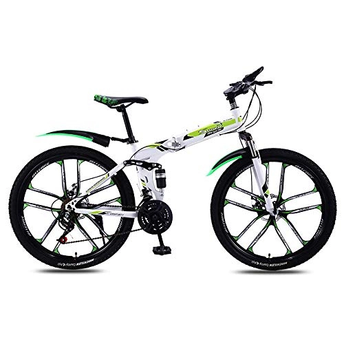 Folding Mountain Bike : peipei Folding Mountain Bike Bicycle Off Road Integrated Wheel for Men and Women Adult Variable Speed Double Damping Bicycle-White green_24 Speed_China