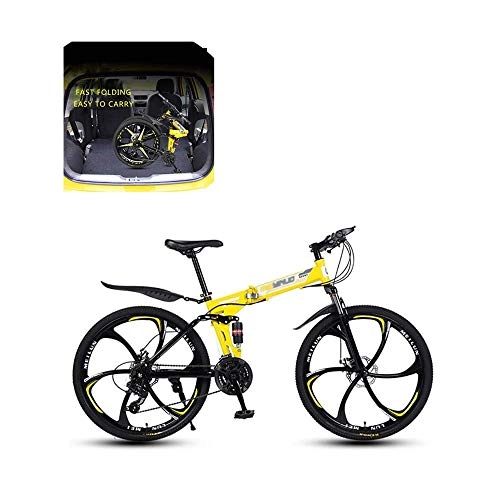 Folding Mountain Bike : Portable Mountain Bike, 26-inch Carbon Steel Folding Mountain Off-road Bike 21-speed, With Full Suspension Adult Gear Double Disc Brake Road Bike Adult Men And Women Bicycles ( Color : Yellow )