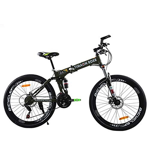 Folding Mountain Bike : PXQ 24 Speed Off-road Disc Brake Mountain Bike Adult 26 Inch Folding Mountain Bike with Shock Absorber Front Fork, High Carbon Steel Soft Tail Bicycle, Green
