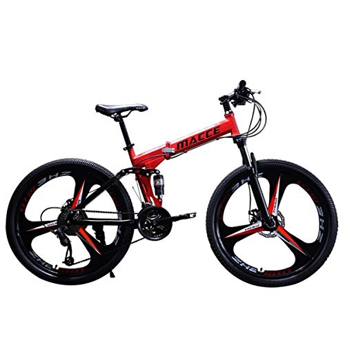 Folding Mountain Bike : PXQ Adults Folding Mountain Bike 21 / 24 / 27 Speeds Dual Disc Brakes Double Shock Absorption Off-road Bicycle 24 / 26 Inch with High Carbon Soft Tail Frame, Red, A24Inch21S