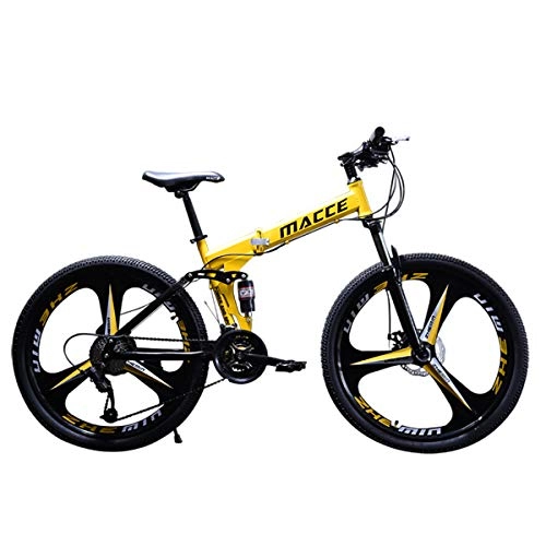 Folding Mountain Bike : PXQ Adults Folding Mountain Bike 21 / 24 / 27 Speeds Dual Disc Brakes Double Shock Absorption Off-road Bicycle 24 / 26 Inch with High Carbon Soft Tail Frame, Yellow, A24Inch21S