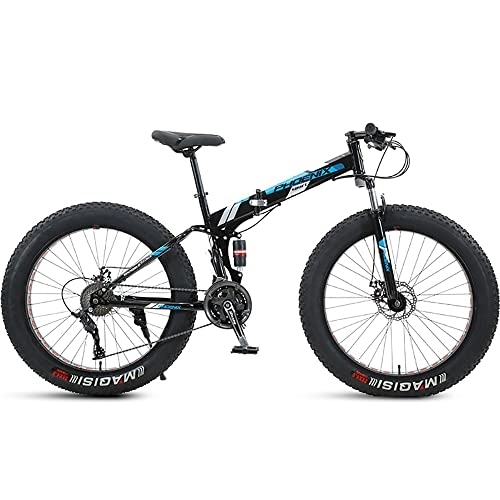 Folding Mountain Bike : PY 24 inch Folding Mountain Bike with Full Suspension High Carbon Steel Frame, Mens Fat Tire Mountain Bik with 7 / 21 / 24 / 27 / 30 Speed, Double Disc Brake and 4-Inch Wide Knobby Tires / Black Blue / 24Inch 24S