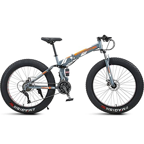 Folding Mountain Bike : PY 24 inch Folding Mountain Bike with Full Suspension High Carbon Steel Frame, Mens Fat Tire Mountain Bik with 7 / 21 / 24 / 27 / 30 Speed, Double Disc Brake and 4-Inch Wide Knobby Tires / Grey Orange / 24Inch 21