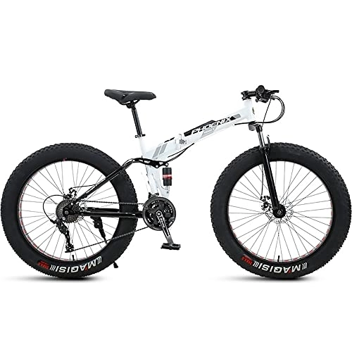 Folding Mountain Bike : PY 24 inch Folding Mountain Bike with Full Suspension High Carbon Steel Frame, Mens Fat Tire Mountain BIK with 7 / 21 / 24 / 27 / 30 Speed, Double Disc Brake and 4-Inch Wide Knobby Tires / White / 24Inch 7Speed