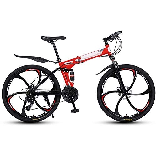 Folding Mountain Bike : PYROJEWEL Outdoor sports Mountain Folding Bike, 26 Inch Folding with Six Cutter Wheels And Double Disc Brake, Premium Full Suspension And 27 Speed Gear Outdoor sports (Color : Red)