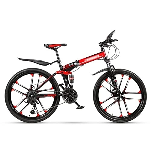 Folding Mountain Bike : QCLU 26 Inch Folding Sports / Mountain Bike 10 Cutter, Black& Red, Disc Brakes Hardtail MTB, Trekking Bike Men Bike Girls Bike (Size : 27-Speed)