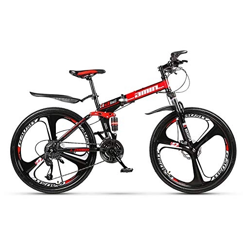 Folding Mountain Bike : Qj Dual Suspension Mens Bike 26inch 3-Spoke Wheels High-carbon Steel Frame Bicycle with Disc Brakes, 24Speed