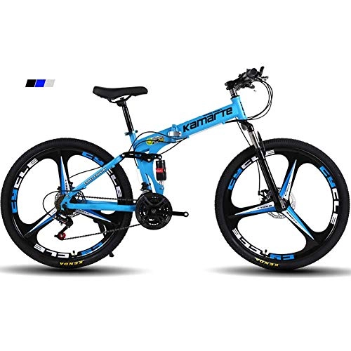 Folding Mountain Bike : Qj Mountain Bike, 26" inch 3-Spoke Wheels High-carbon Steel Frame, Dual Suspension with Disc Brakes, Blue, 21Speed
