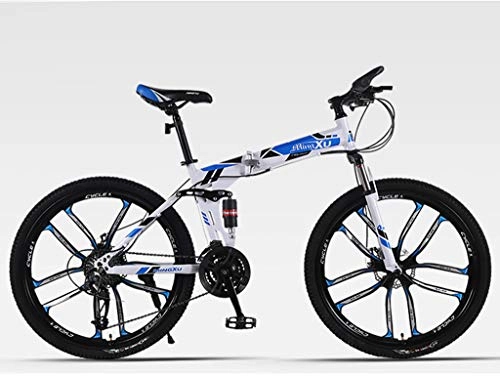 Folding Mountain Bike : Qj Mountain Bike 27 Speed Steel Frame 26 Inches Dual Suspension Folding Bike, White Blue