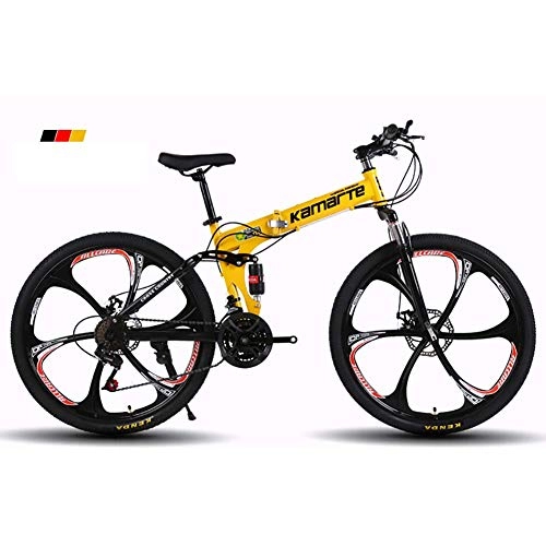 Folding Mountain Bike : Qj Mountain Bike Folding Frame, 26inch 6-Spoke Wheels MTB Bike, Dual Suspension Mens Bike with Disc Brakes, Yellow, 27Speed