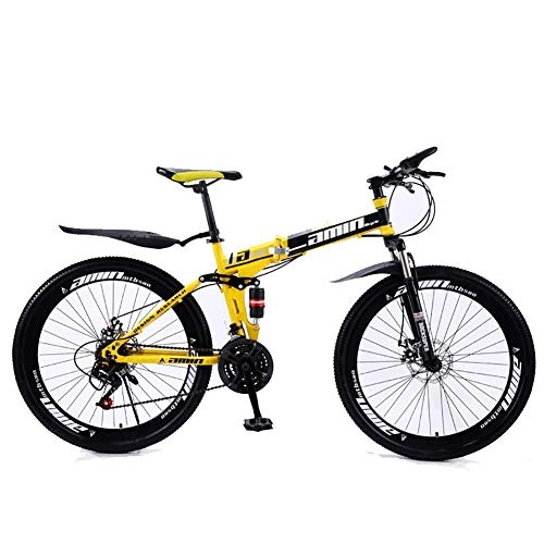 Folding Mountain Bike : Qj Mountain Bike High-carbon Steel Frame 26 Inches Folding Bike with Double Disc Brake, Yellow, 24Speed