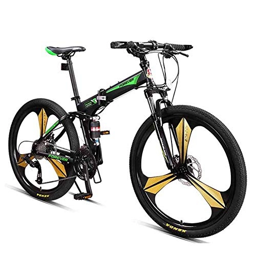 Folding Mountain Bike : Qj Mountain Bikes, 27 Speed Overdrive 26 Inch Mountain Trail Bike, Foldable High-Carbon Steel Frame Hardtail Mountain Bike, Green