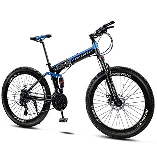 Folding Mountain Bike : QMMD 26-Inch Mountain Bikes, Foldable Frame Dual Suspension Bicycle, Mens 21-24-27-30-Speed Anti-Slip Bikes, Adult Mountain Trail Bike with Dual Disc Brake, blue Spokes, 27 speed