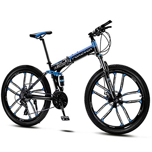 Folding Mountain Bike : QMMD Mountain Bikes Adult, 26-Inch Folding Mountain Trail Bike, Dual Disc Brake Mountain Bicycle, 21-24-27-30-Speed Anti-Slip Bikes, Full Suspension Road Bike, blue 10 Spoke, 30 speed