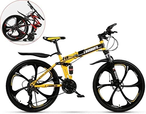Folding Mountain Bike : QZ 26 Inches Boy Mountain Bike, 6-knife Integrated Wheel Folding Carbon Steel Bicycles, Double Shock Variable Speed Bicycle, Unisex 6-11 (Color : Yellow, Size : 26in (21 speed))