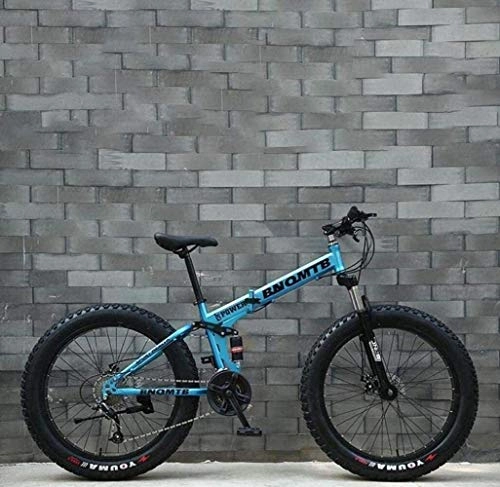 Folding Mountain Bike : QZ Fat Tire Adult Mountain Bike, Double Disc Brake / Cruiser Bikes, Beach Snowmobile Bicycle, 24 Inch Aluminum Alloy Wheels (Color : Blue, Size : 21 speed)