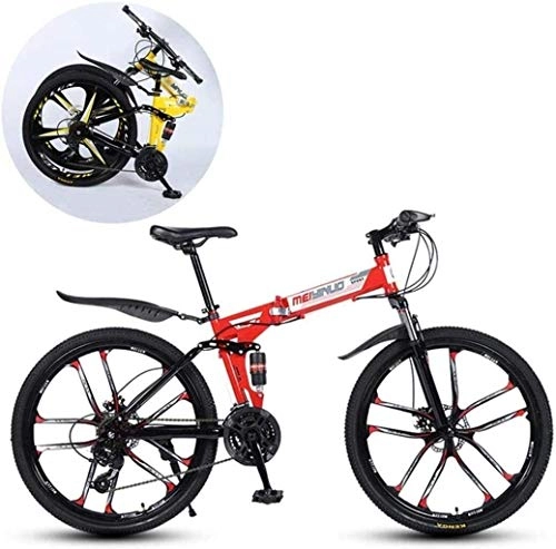 Folding Mountain Bike : QZ Mountain Bikes, Folding High Carbon Steel Frame 26 Inch Variable Speed Double Shock Absorption Ten Cutter Wheels Foldable Bicycle 6-6 (Color : Red, Size : 27 speed)
