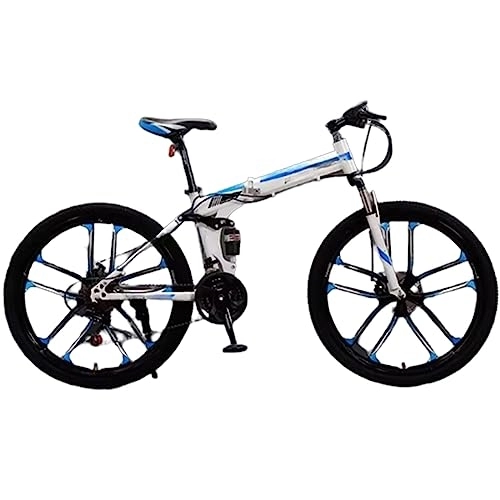 Folding Mountain Bike : RASHIV 26 Inch Folding Mountain Bike, Full Suspension High-Carbon Steel Shifting Trail Bike, Easy Assembly, Suitable for Teens and Adults (white blue 33 speed)